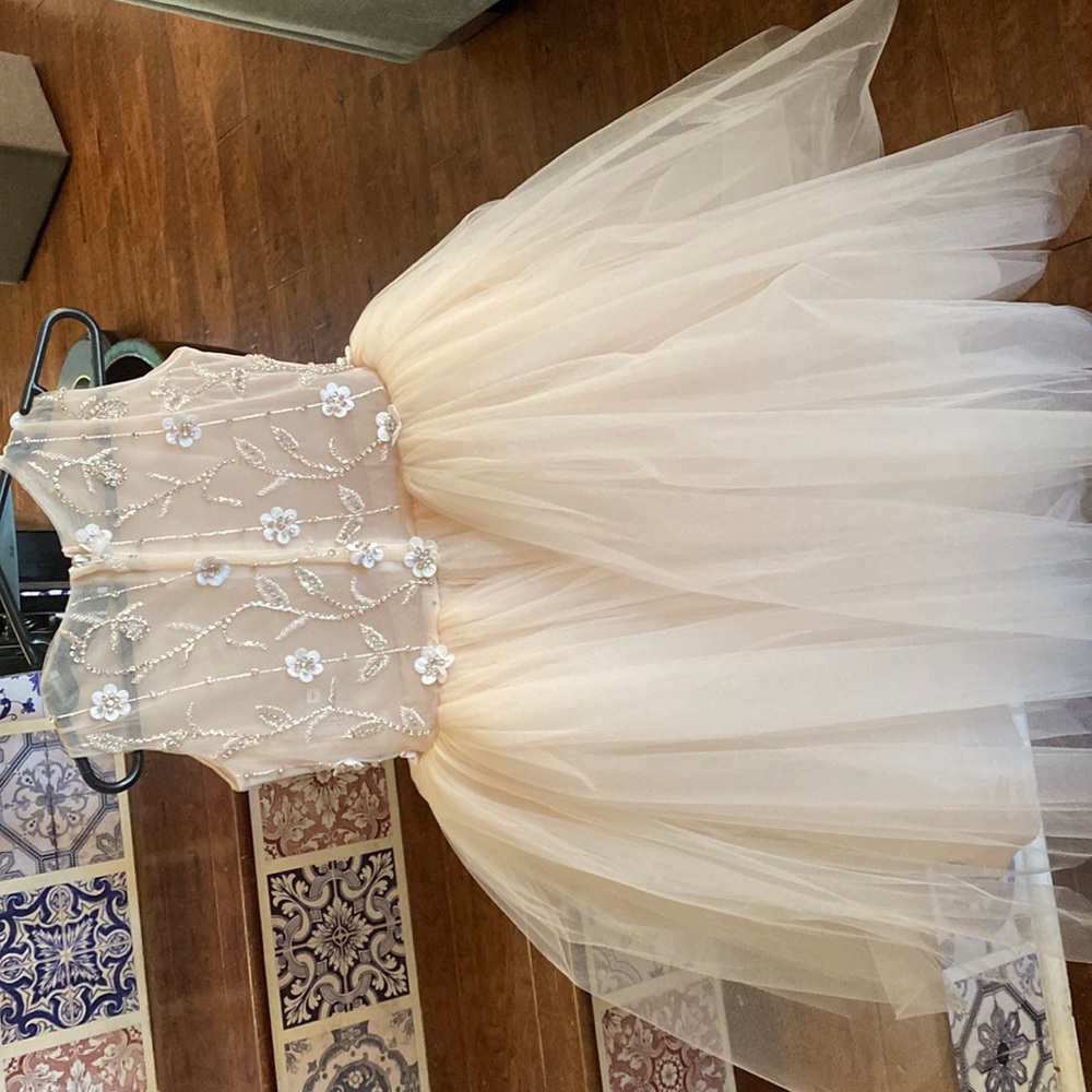 Amalee Accessories Champagne color flower girl dress with hand beaded back